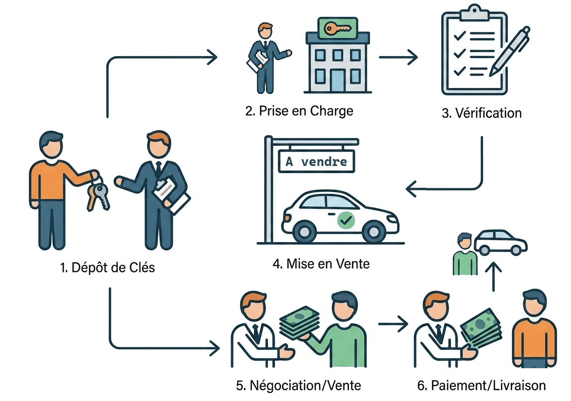 Schéma explicatif du fonctionnement du dépôt-vente Traject Auto